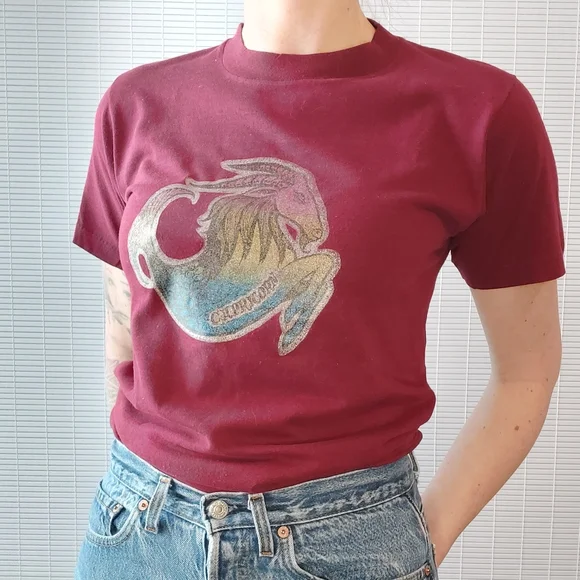 Vintage 70s 80s Single Stitch Glitter Graphic Capricorn Tee Small - Picture 1 of 9